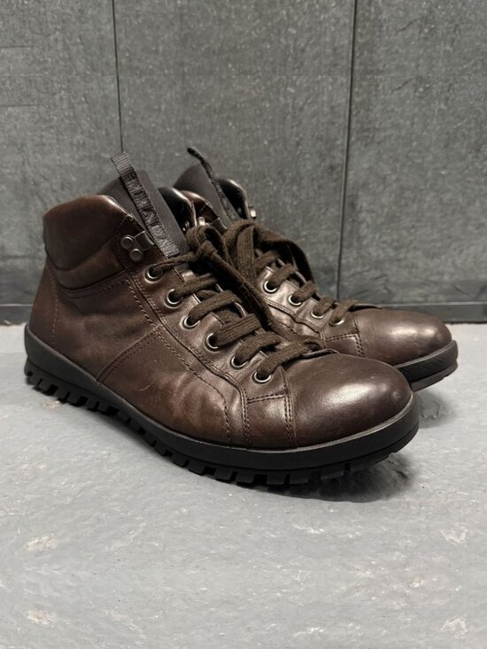 PRADA LINEA ROSSA Vintage Dark Brown Leather Hiking Lug Sole Boots Sz 9 main image 14